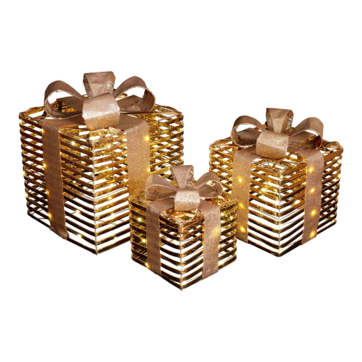 LED Geschenkpakete 3er-Set 17/23/30 cm, gold, warmweiß, Weihnachtsdeko