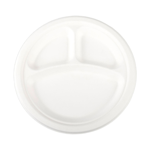 Teller 3-geteilt aus Bagasse, naturweiß, rund Ø26cm, 50Stk. 