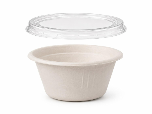 Dressingbecher Dipschale 60ml rund Ø 62 mm aus Bagasse Zuckerrohr inkl. Deckel aus PLA, 50 Stk.