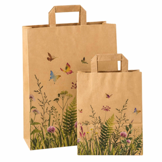 Papiertragetaschen aus Kraftpapier 220+100x280mm Blumengarten Flachhenkel EAN-Code braun