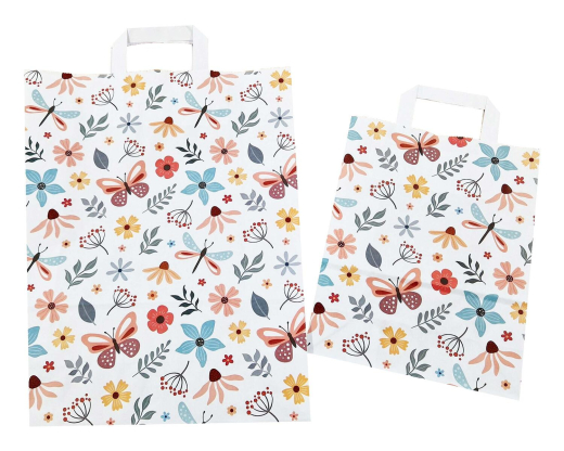 Papiertragetaschen aus Kraftpapier 320+120x400mm mit Schmetterling Motiv weiß, 250 Stk