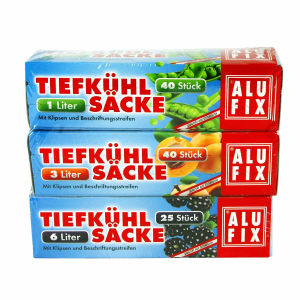 ALUFIX Tiefkühlsäcke Gefrierbeutel Mix mit Verschlussclips 1 L 3 L 6 L, 105 Stk.