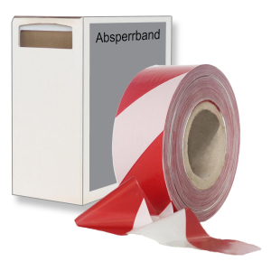 Absperrband rot weiß gestreift 35 my 75 mm breit 500 m 100 % Rezyklat im Spenderkarton