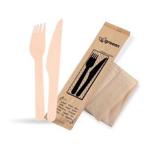 Bestecksets aus Holz 3-teilig Gabel Messer Serviette hygienisch verpackt, 50 Sets